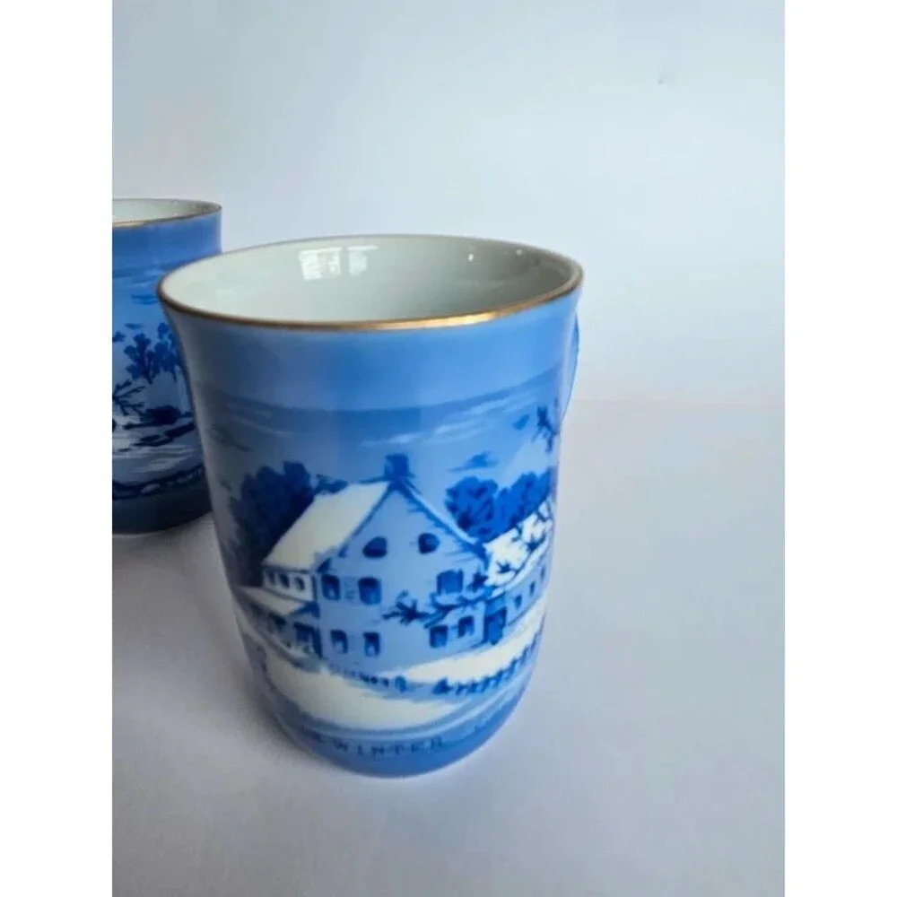 Vintage Currier & Ives Blue and White Mugs Winter Scenes